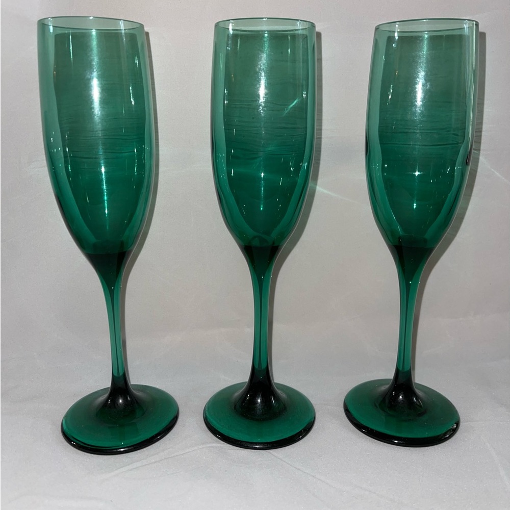 Vintage Set of 3 Juniper Green Libbey Champagne Flutes Wine